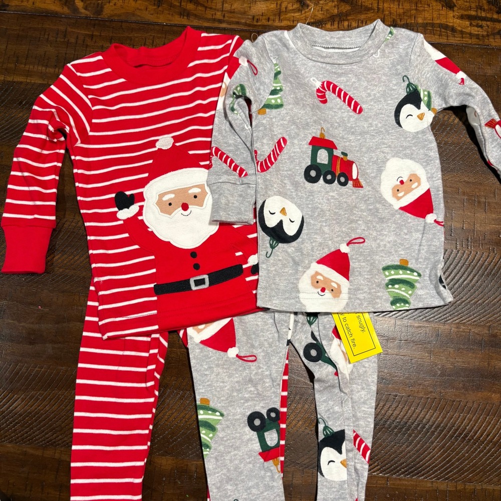 Carters Just One You 12M Christmas Pajamas Set Santa Penguin Train Red Grey
